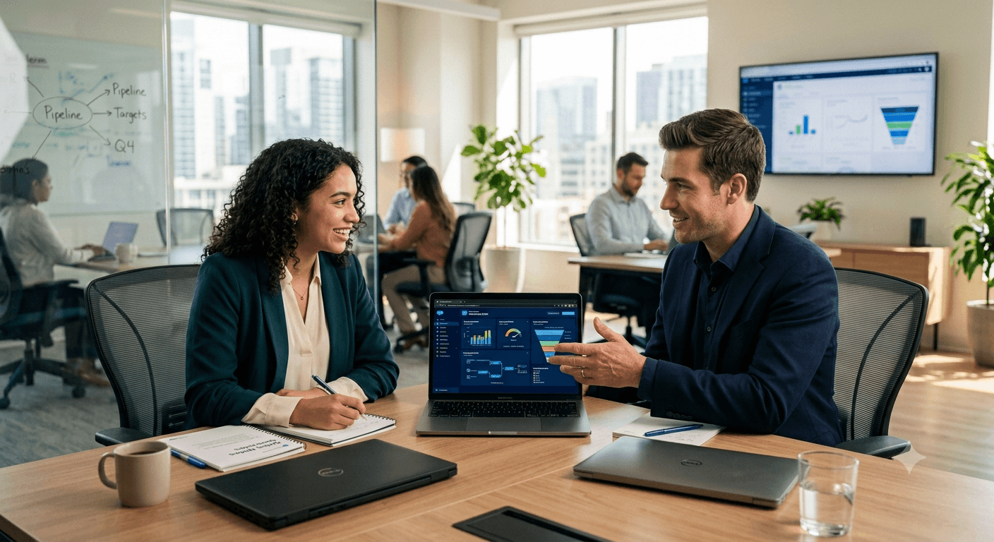 Sales team discussing pipeline strategy with CRM dashboard on laptop in modern office